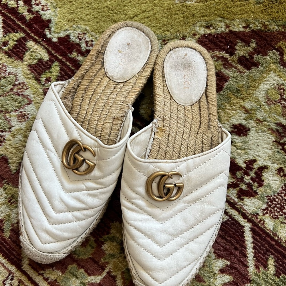 Gucci White Quilted Espadrille Mules